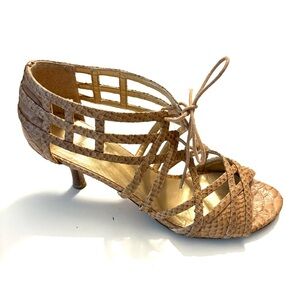 Stuart Weitzman Python Snakeskin Peep
Toe Heels, Cutout Accent Gladiator Sandal